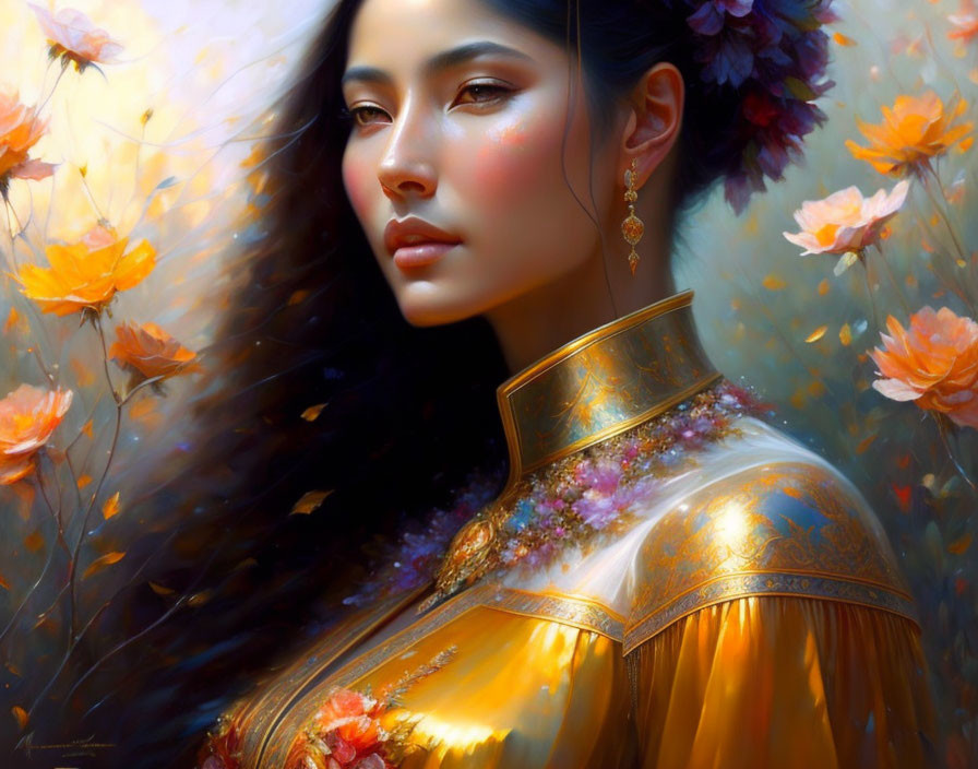 Ethereal woman in golden outfit with flowers: serene and graceful portrait