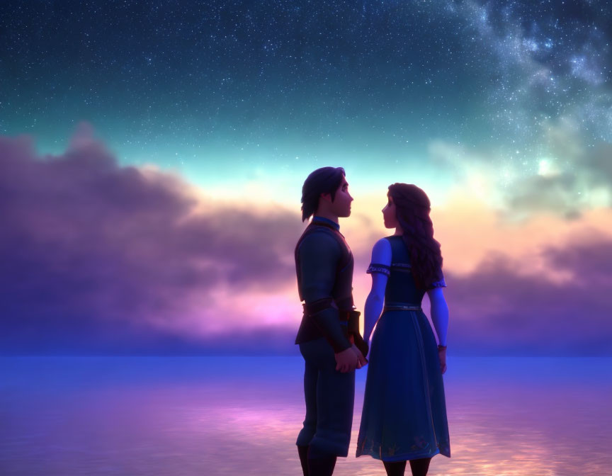 Animated characters under starry sky with vibrant sunset.