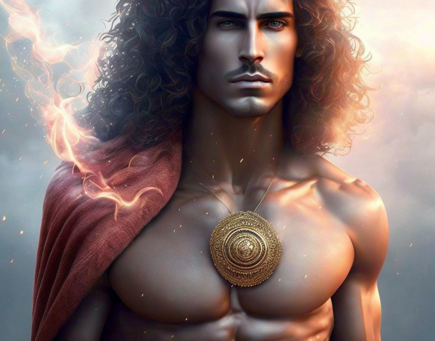 Muscular man with curly hair in red cape and golden amulet, fiery aura.