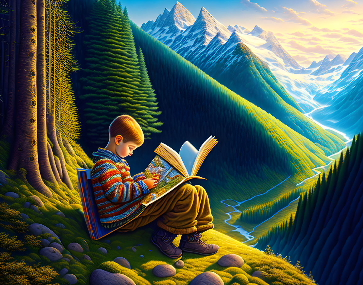 Youth reading book in mountain sunset scenery