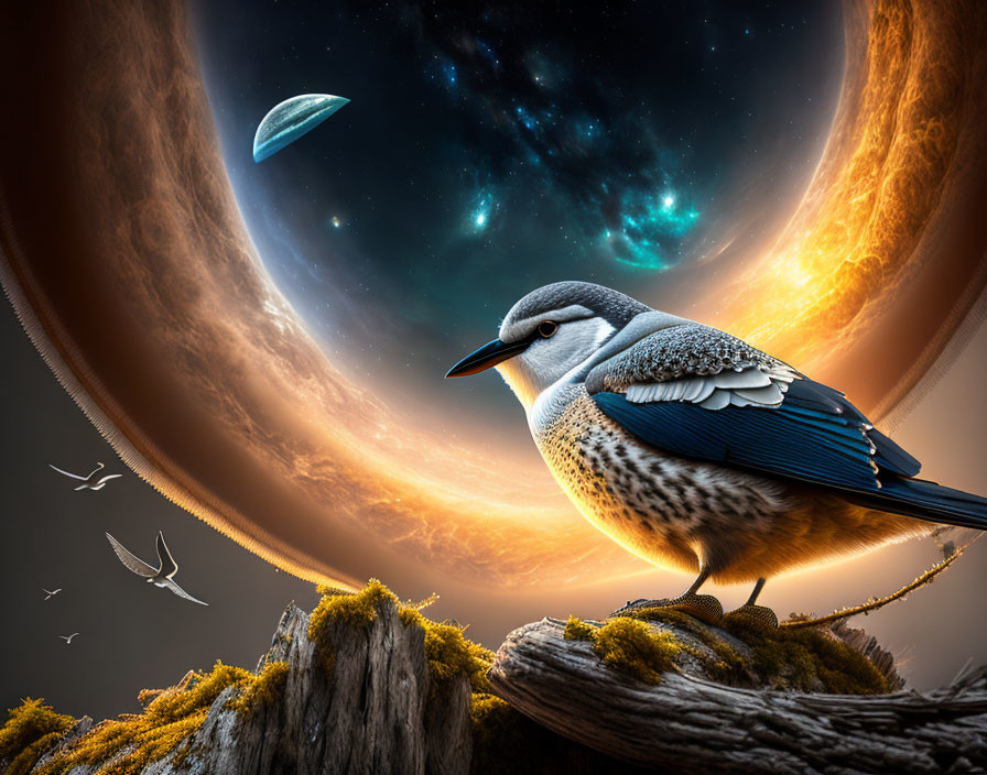 Colorful Bird Perched on Mossy Wood Against Cosmic Background