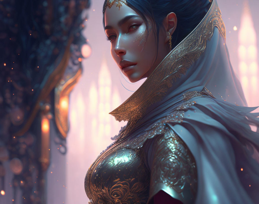 Fantasy character with golden headpiece and armor in mystical setting