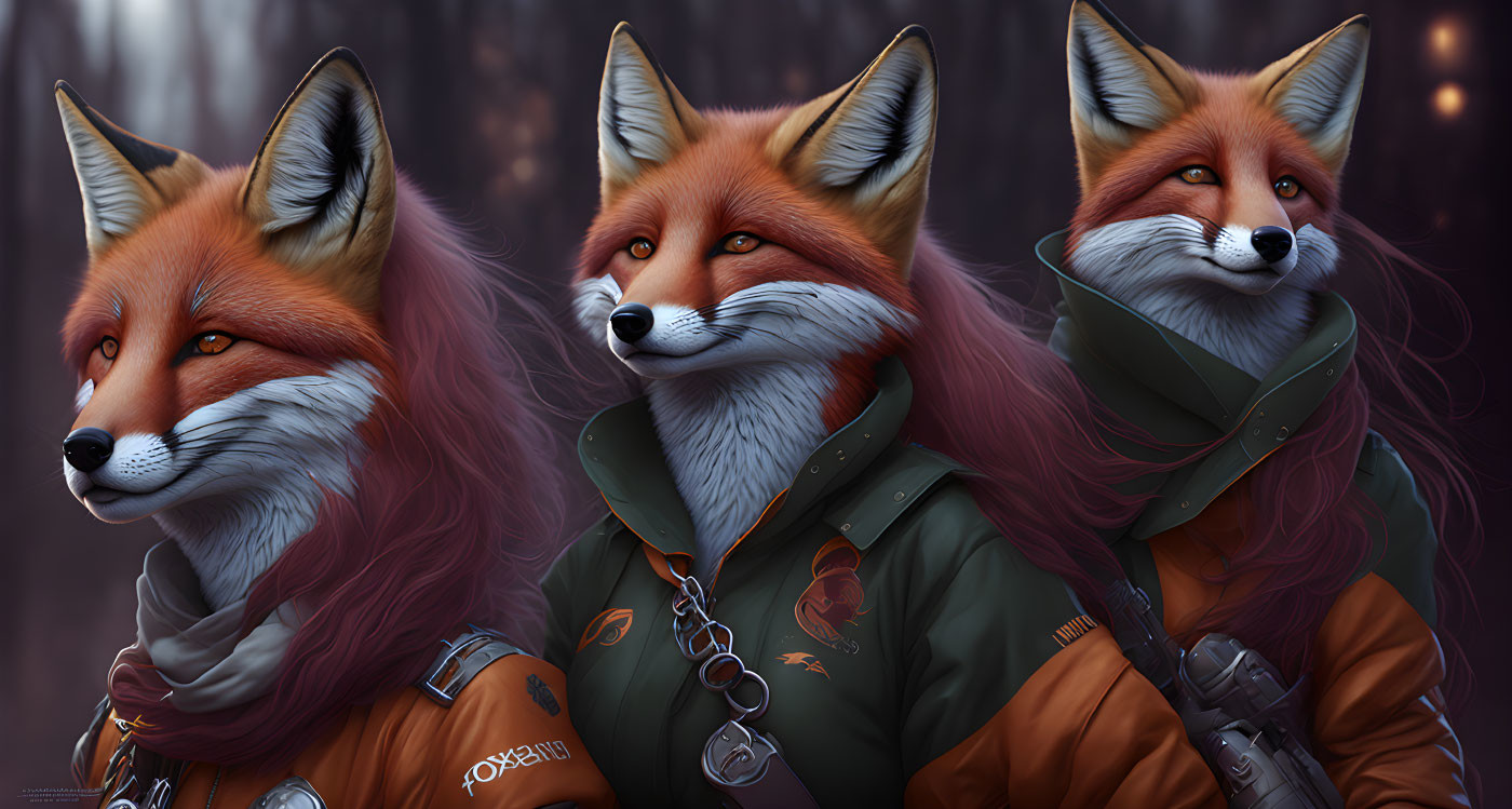 Anthropomorphic Fox Characters in Stylish Jackets in Twilight Forest