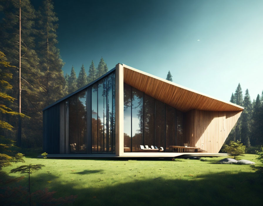 Glass House with Wooden Facade in Sunlit Forest Setting