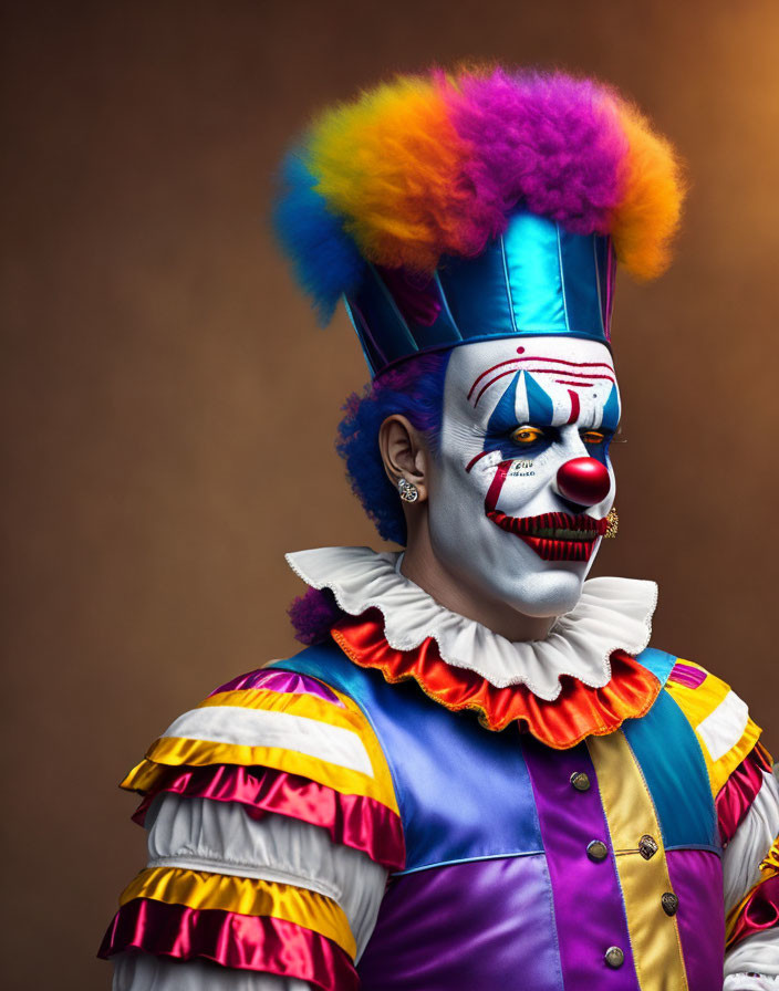 Vivid rainbow wig and painted face on colorful clown against brown background