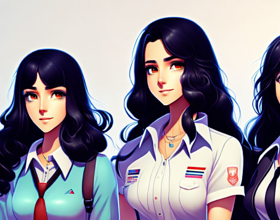 Three Dark-Haired Animated Female Characters in School Uniforms