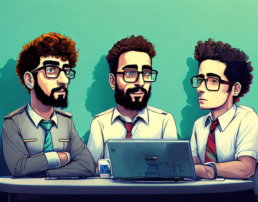 Three Men with Facial Hair and Glasses Using Laptop on Teal Background