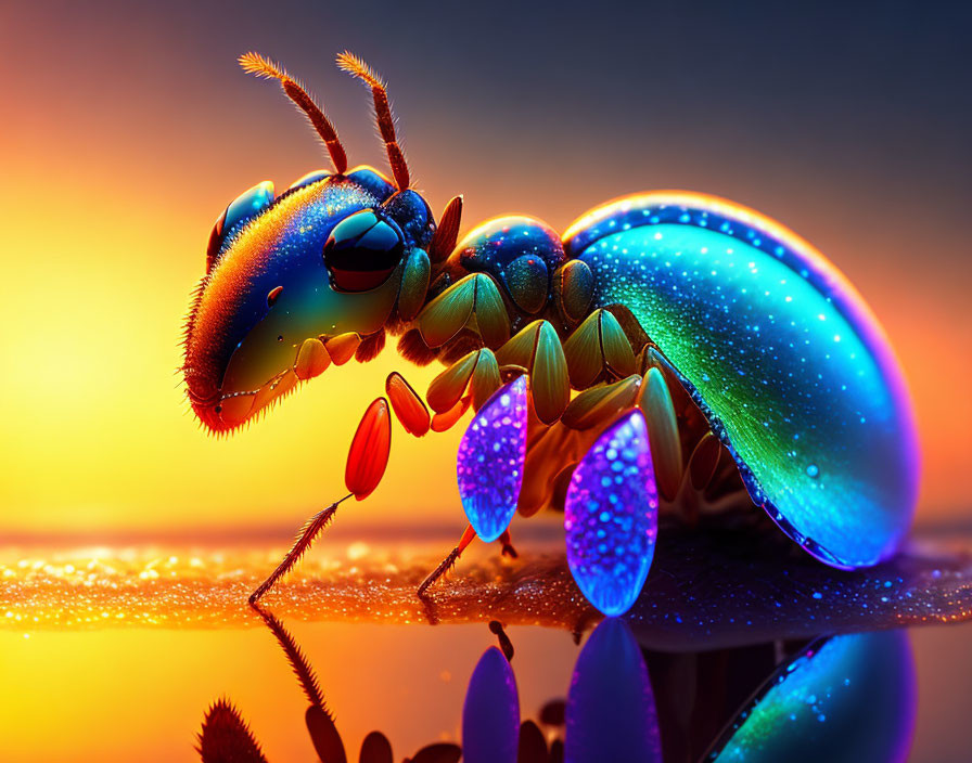 Colorful Glossy Ant with Iridescent Blue and Green Hues in Sunset Setting