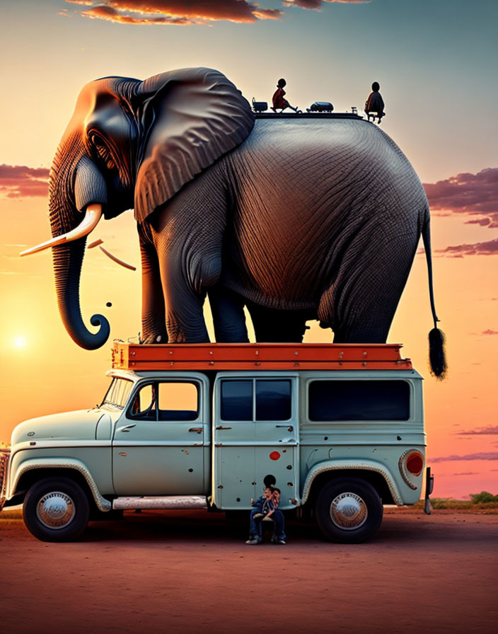 Giant elephant on truck with surreal oversized scale