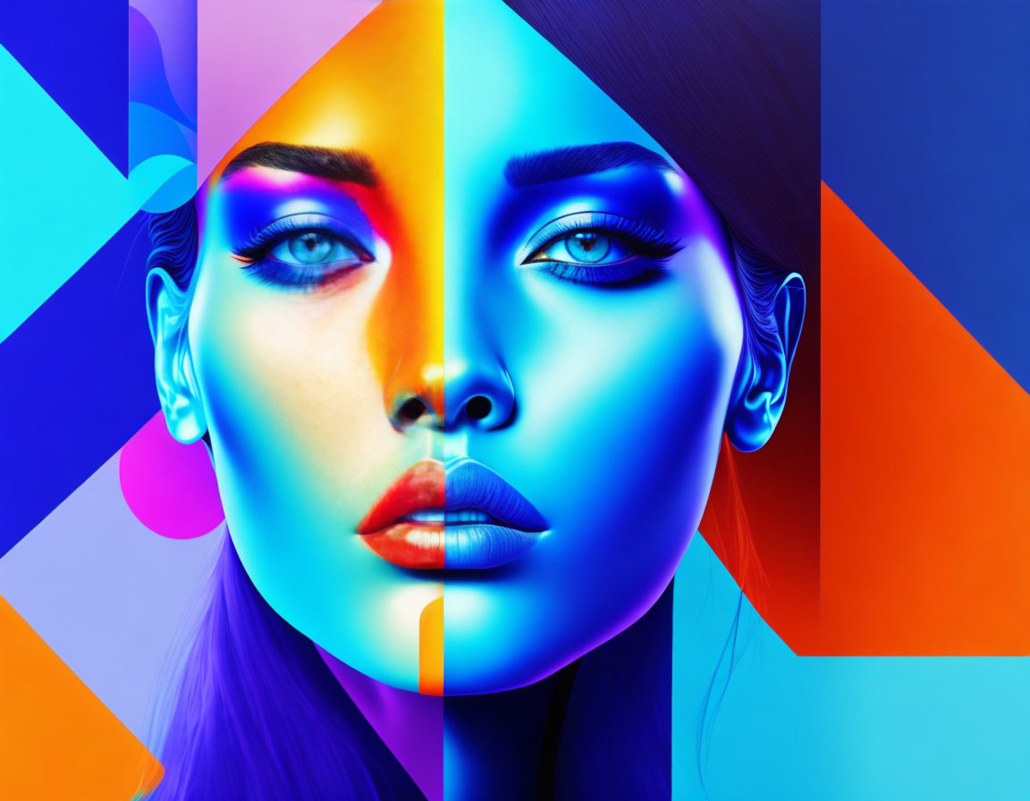 Colorful digital artwork of woman's face with blue and orange hues and geometric shapes.