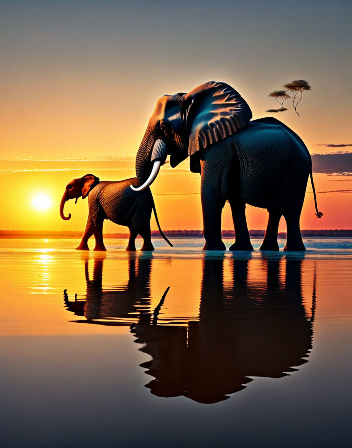 Elephants silhouetted at sunset with reflections, one adult and one young, under vibrant sky