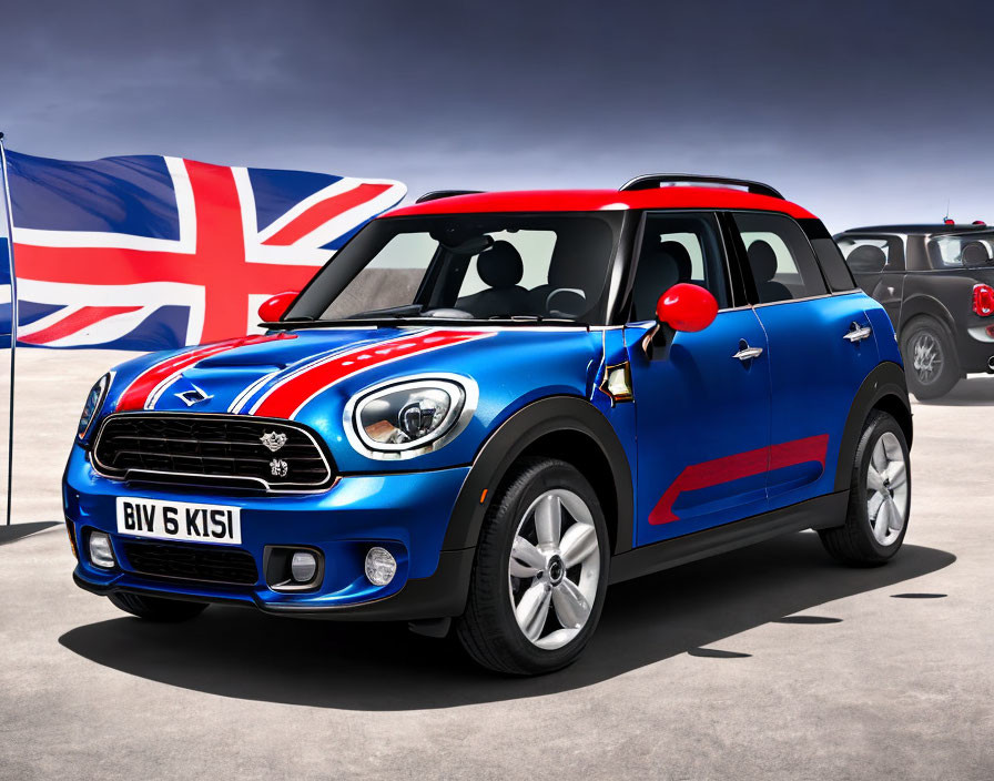 Blue Mini Cooper with Red Mirror & Racing Stripes, Union Jack Roof Pattern, UK Flag Background