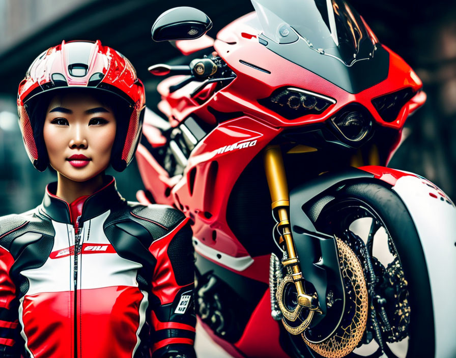 Woman in Red & White Racing Suit with Helmet Next to Red Sports Bike