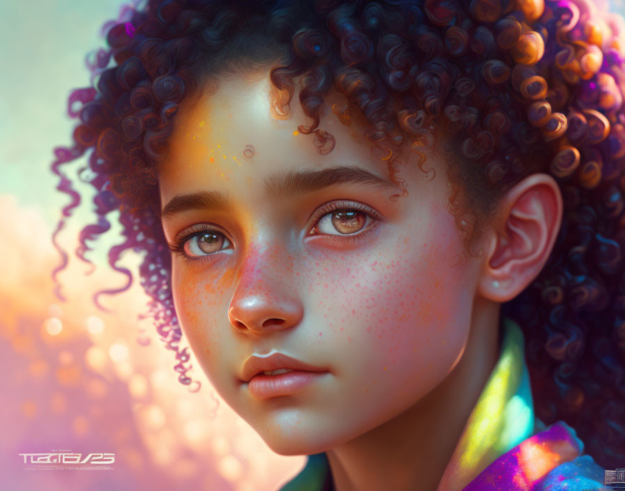 Vibrant digital portrait of young girl with curly hair and freckles