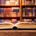 Miniature People on Open Book Among Large Pages & Bookshelf Background