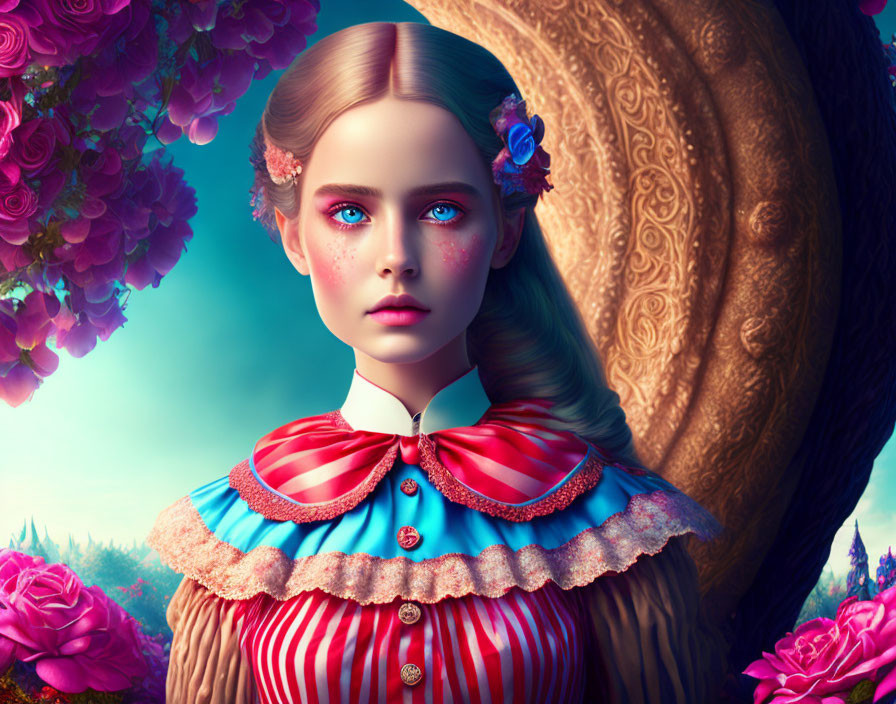 Digital artwork of girl with blue eyes in Victorian-style dress against floral backdrop