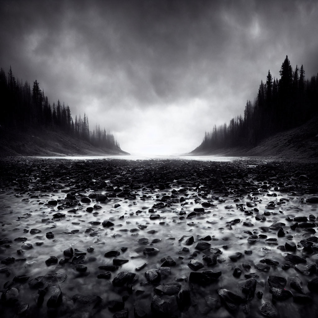 Monochrome rocky riverbed with forest and cloudy sky