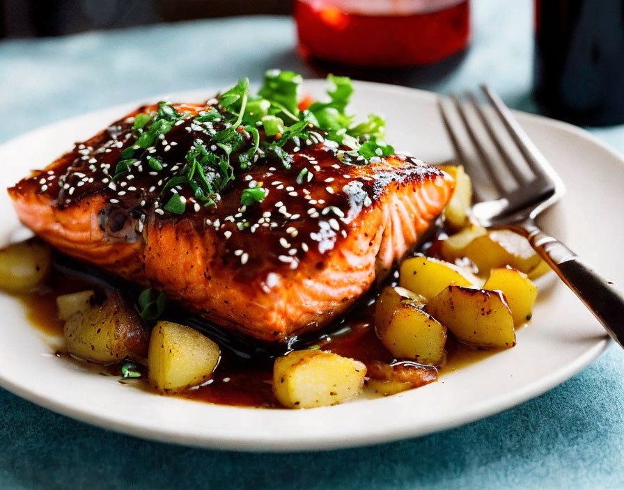 Grilled Salmon Fillet with Sesame Seeds and Herbs on White Plate