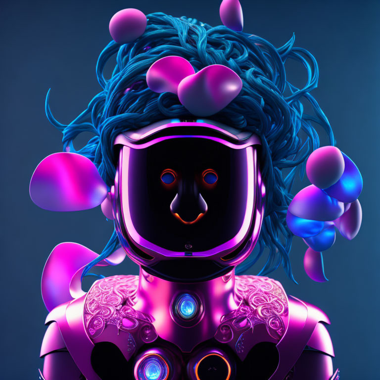Stylized humanoid robot with blue hair and heart shapes on head