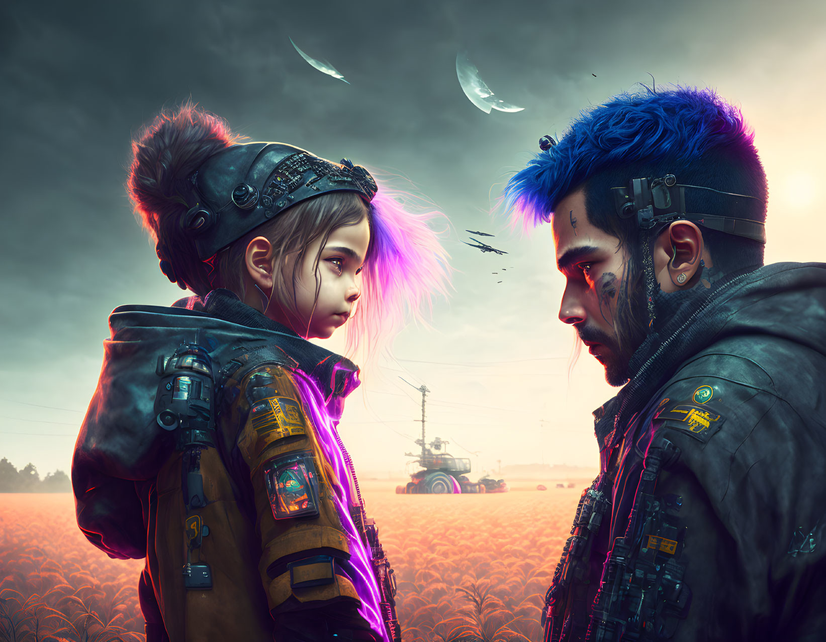 Young girl and man with vibrant blue hair connected by glowing purple element in dusky field with flying ships