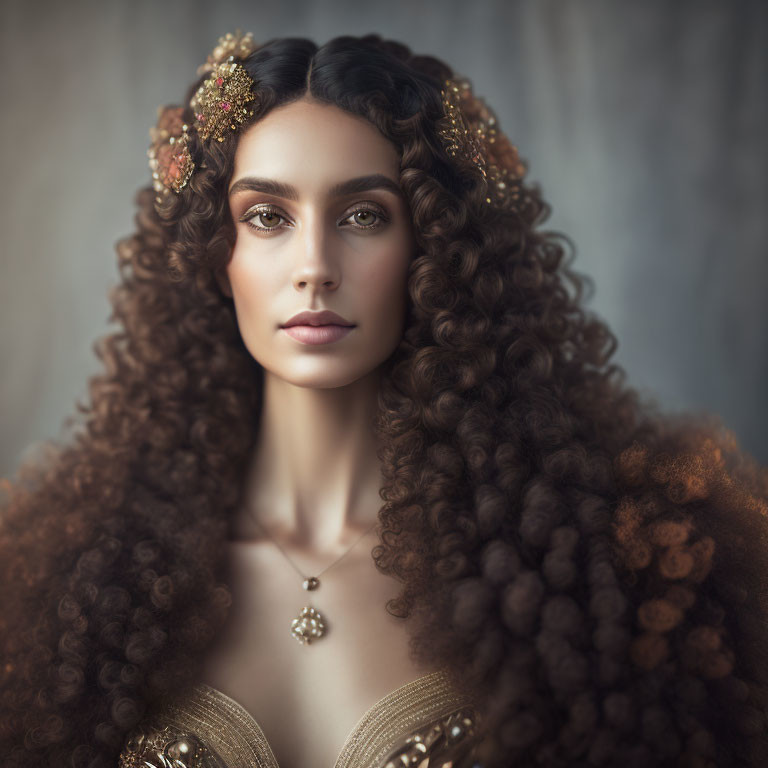 Woman with Voluminous Curly Hair in Beige Dress and Golden Accessories