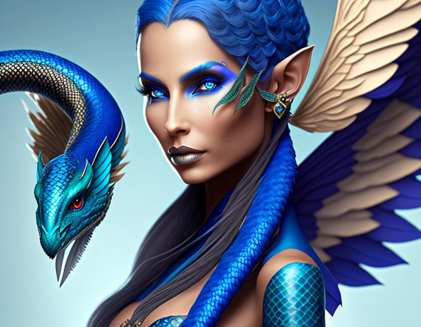 Fantasy illustration of blue-skinned woman with dragon and bird-like wings