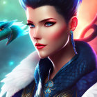 Fantasy illustration of blue-skinned woman with dragon and bird-like wings