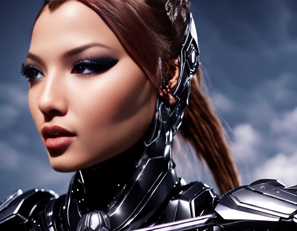 Female-Looking Android with Black Exoskeleton and Human Face against Cloudy Sky