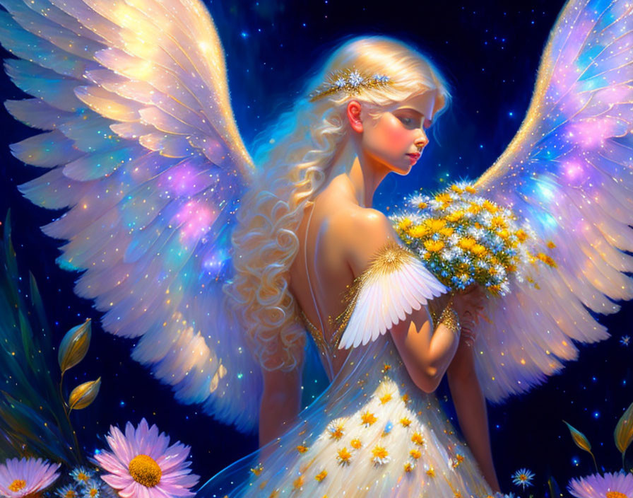 White-winged angel with golden hair and crown holding stars among night blooms