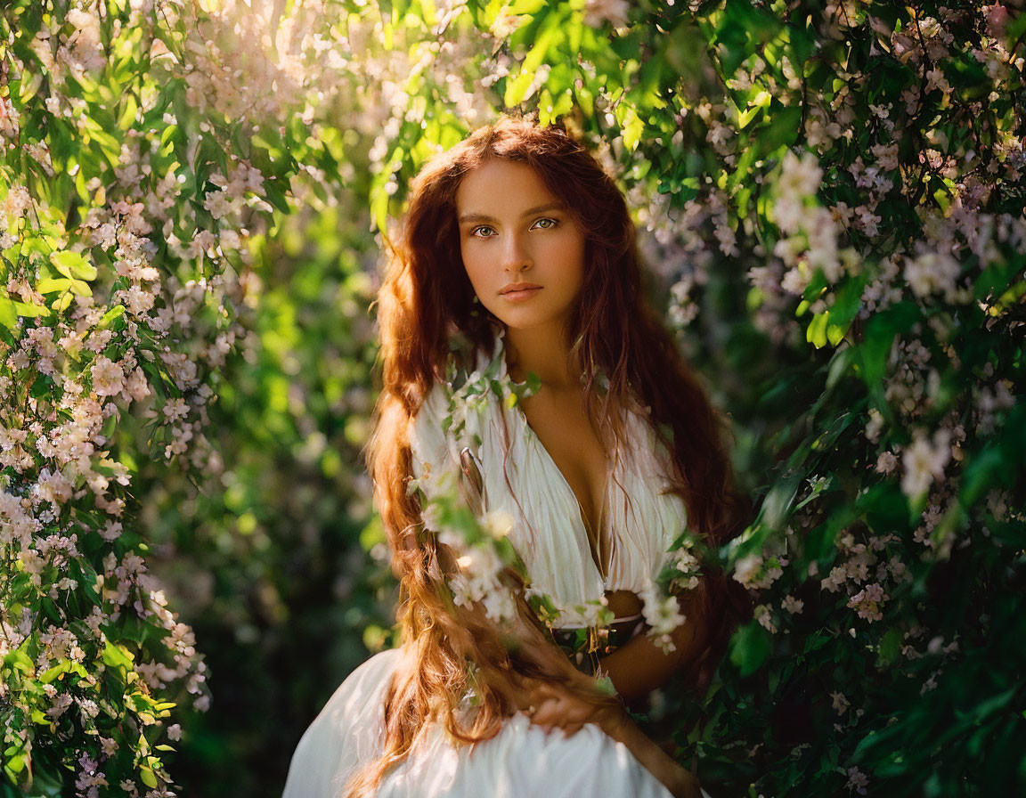 Young woman with long, wavy hair in blooming flower garden under warm sunlight.