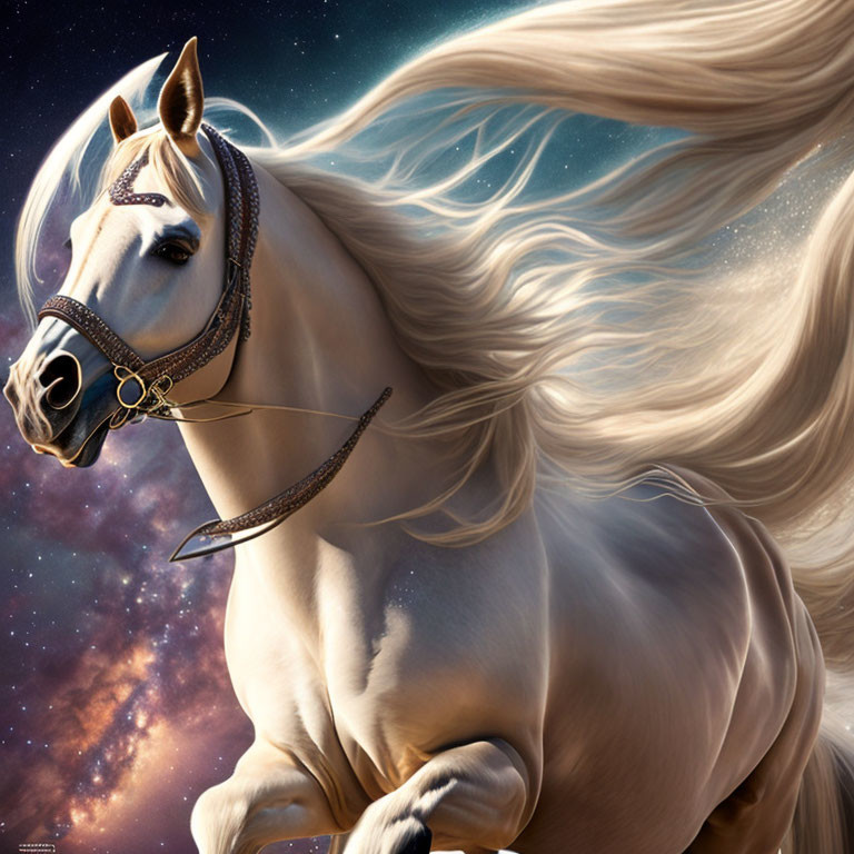 White Horse with Flowing Mane in Cosmic Setting and Ornate Bridle