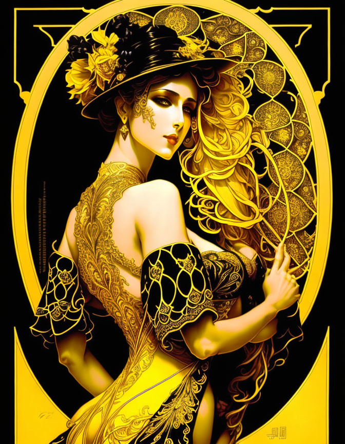 Art Nouveau Style Illustration of Woman with Golden Hair and Ornate Hat