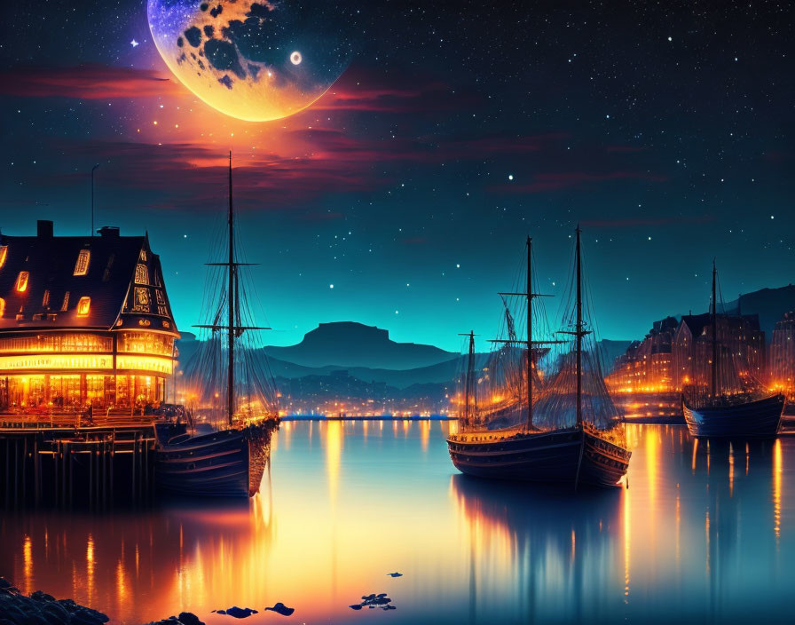 Serene Night Scene of a Tranquil Harbor with Moonlight