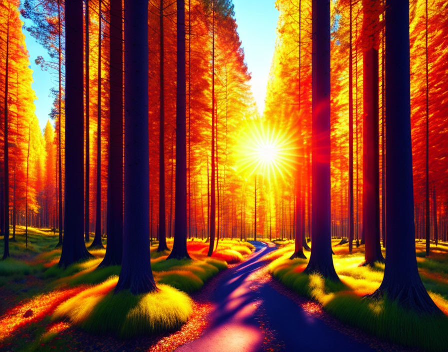 Autumn Forest Scene with Colorful Leaves and Sunlight