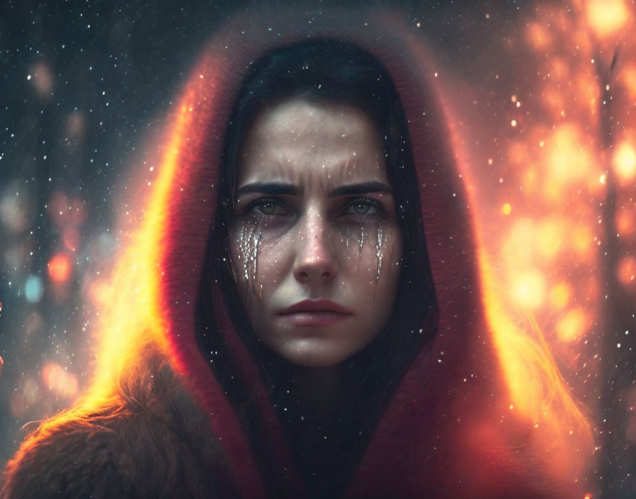 Young woman in red hood with tears in snowy scene