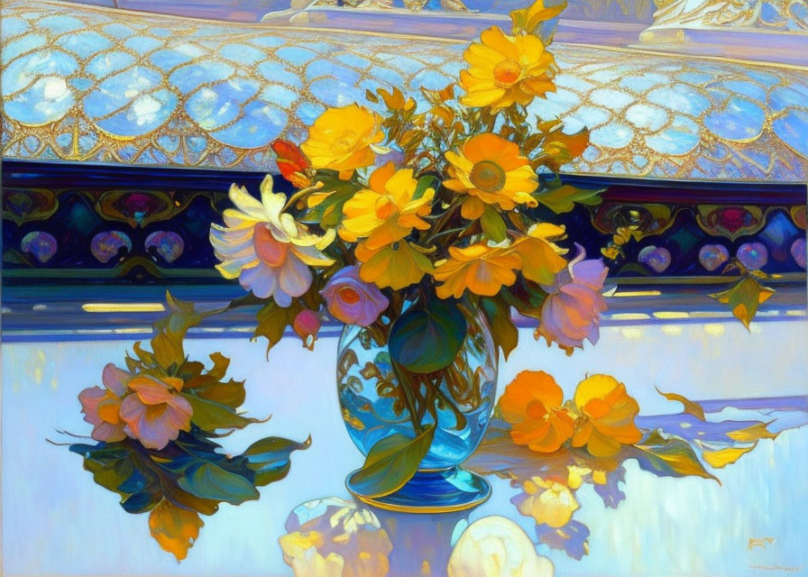 Vibrant Yellow and White Flower Bouquet in Blue Vase