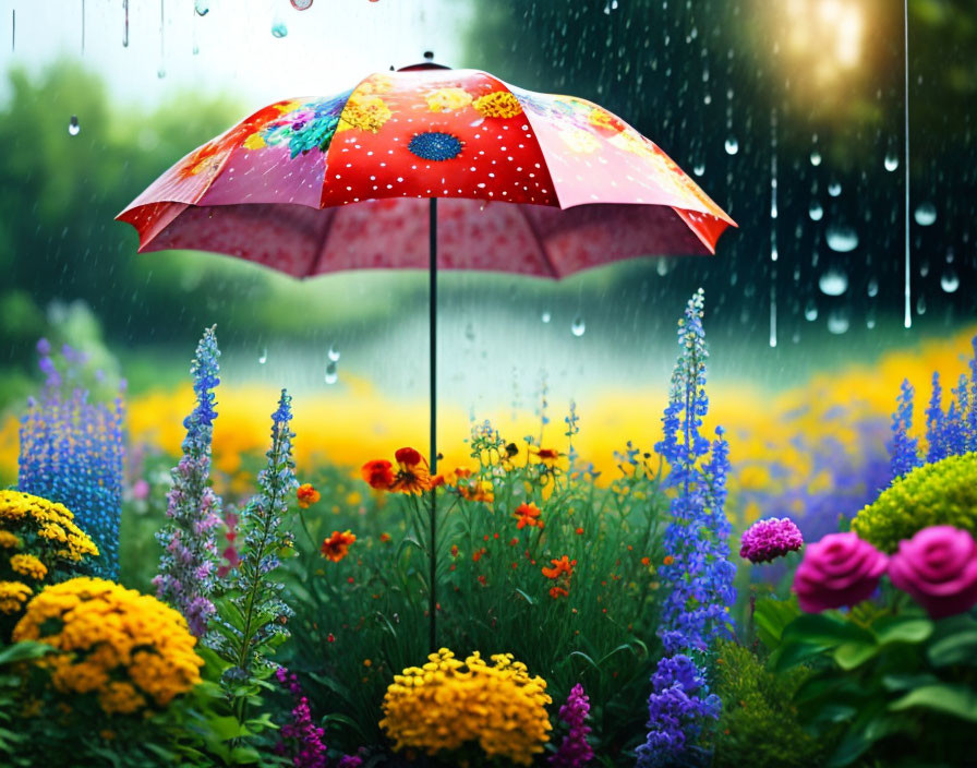 Vibrant Red Umbrella in a Colorful Flower Garden