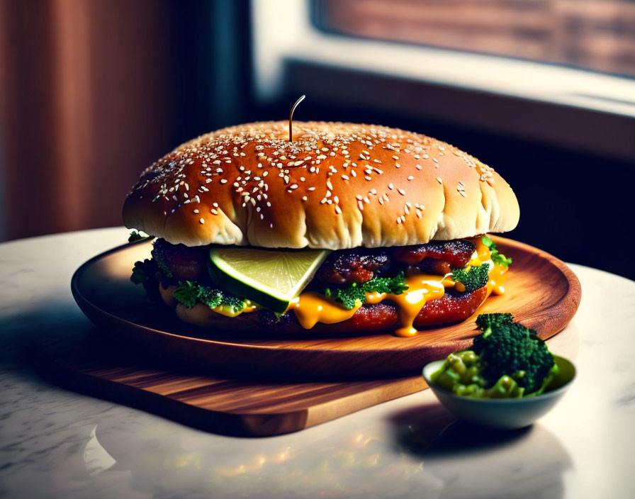 Appetizing burger with fresh toppings on wooden plate