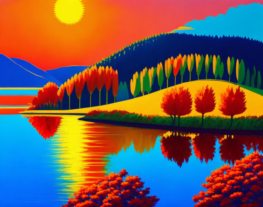 Vibrant sunset landscape with colorful trees and lake