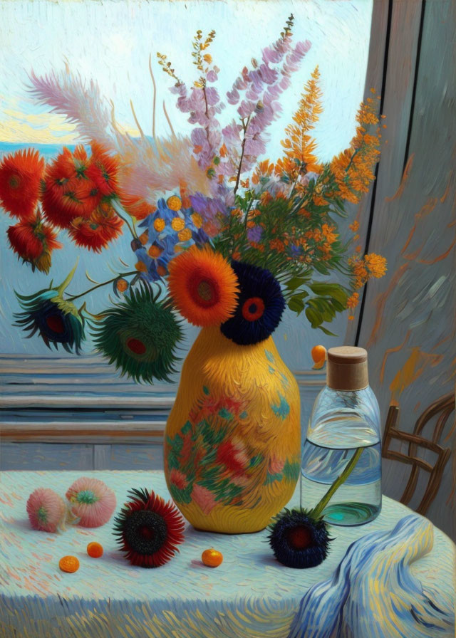 Vibrant Still Life with Yellow Vase and Colorful Flowers