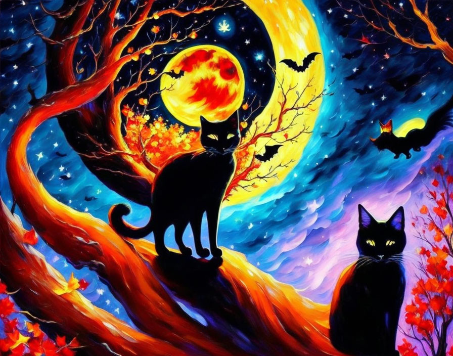 Surreal Night Scene with Black Cats and Moonlight