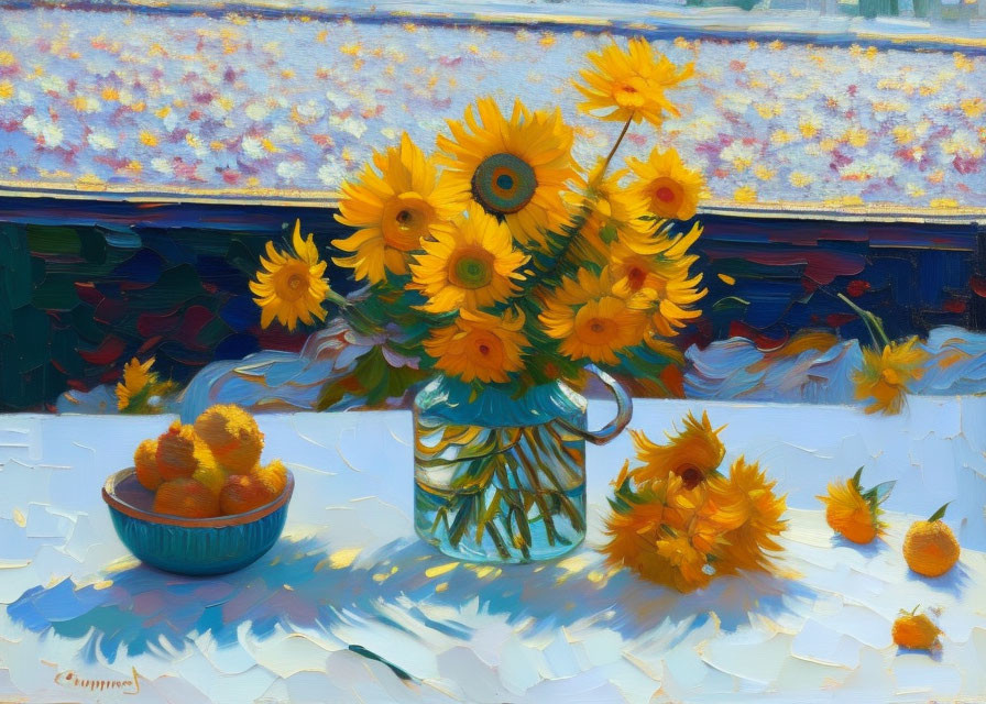 Sunflowers in a vase with orange fruit on a table