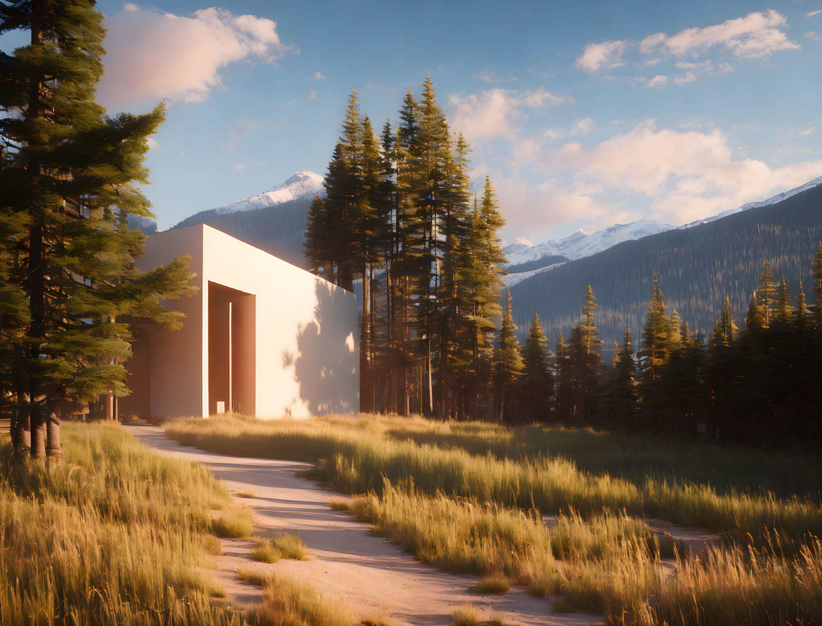 Modern building in forest with mountain backdrop, large doorway and winding path