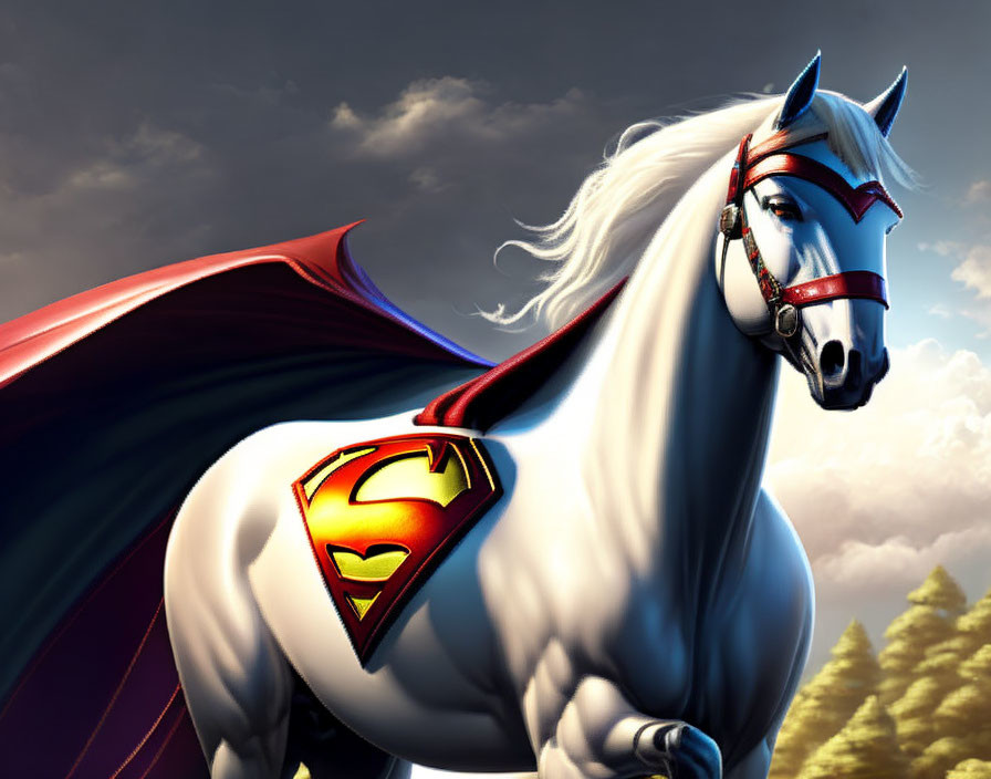 Illustration of horse with white mane in Superman-themed costume on cloudy sky backdrop