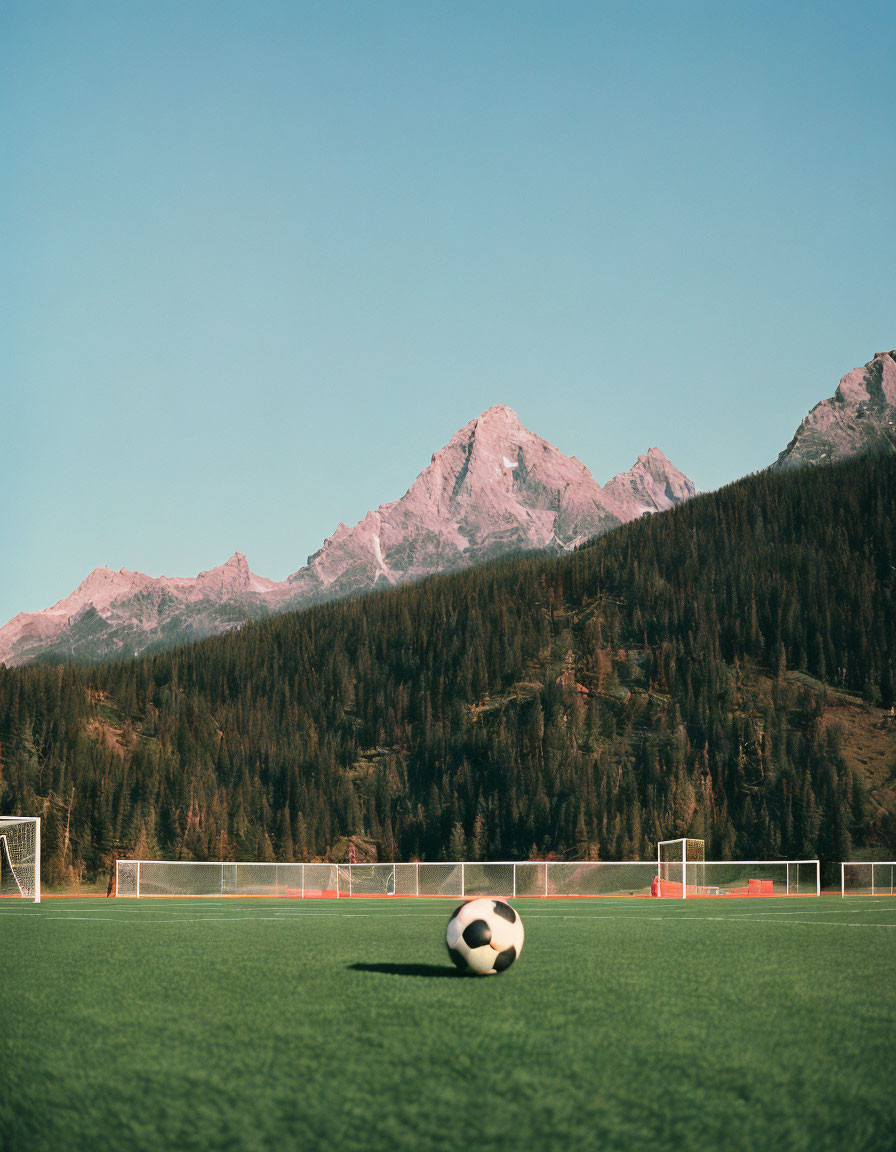 Soccer ball on green pitch with goalpost and snowy mountains