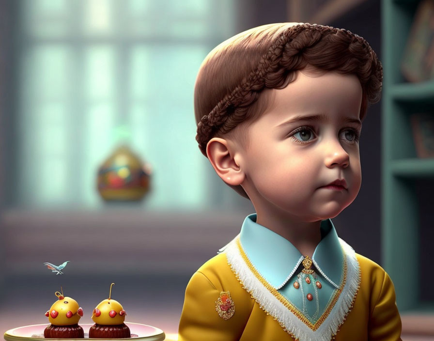 Child with intricate hair admiring bird among whimsical creatures on plates.