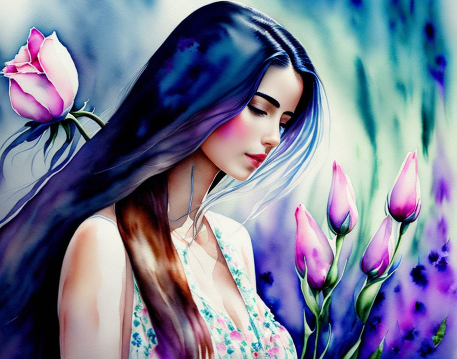 Illustration of woman with long dark hair in floral dress among vibrant pink and purple flowers