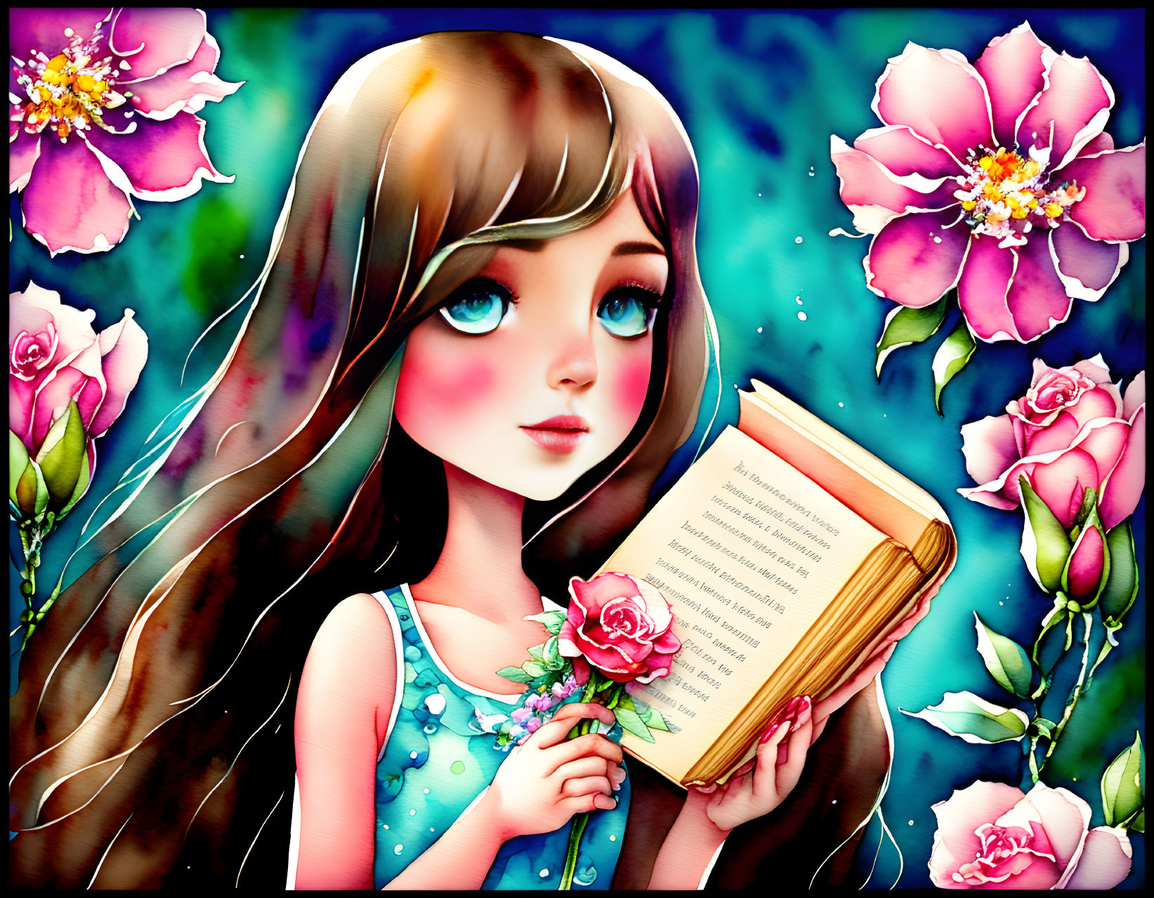 Illustration of girl reading book with large eyes, pink flowers, blue background