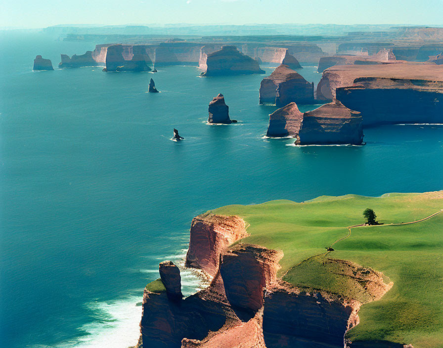 Rugged coastline with towering sea cliffs, sea stacks, and grassy land trail