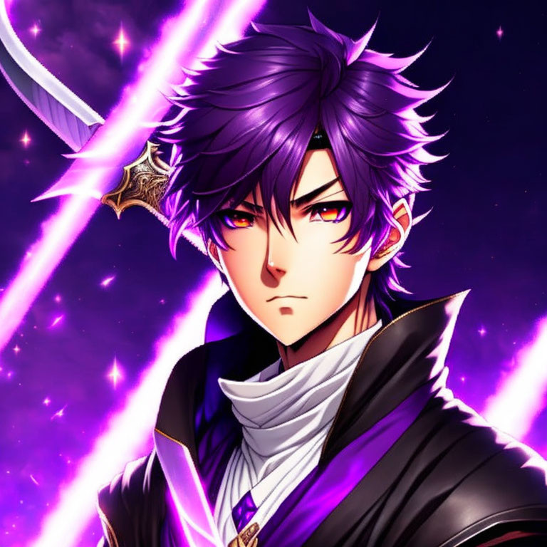 Spiky Purple-Haired Animated Character in Black Coat with Yellow Eyes and Cosmic Sword on Purple Background